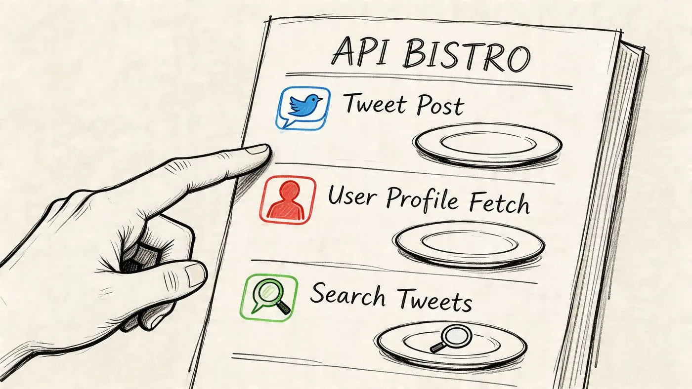 Eine Hand zeigt auf ein Menü mit dem Titel API Bistro, mit Optionen wie Tweet Post und Search Tweets.